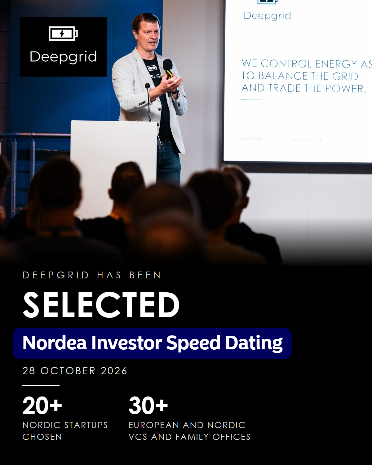 Carl Höeg on stage at Nordea Investor Speed Dating, Deepgrid selected, 28 October 2026